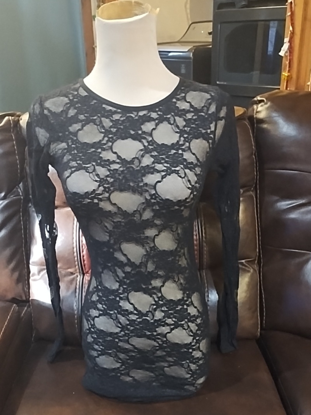No Label Sheer Black Lace Long Sleeve Dress/ Lingerie